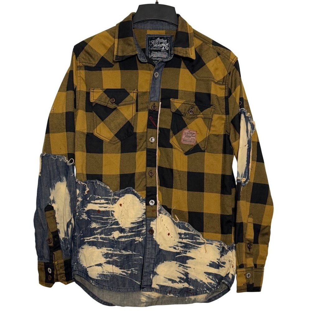 The Heritage America 1776 Plaid LS Shirt w/ Distressed Denim Accents Mens SZ M